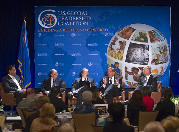 Tom Ridge, second right, former Secretary of Homeland Security, speaks on a panel during "Securing America's Future," a conference sponsored by the Latin Chamber of Commerce and the U.S. Global Leadership Coalition, at the Four Seasons Wednesday, May 15, 2013. Other panel members from left are: Ramon Torres, a Latin Chamber of Commerce board member, Richard Bryan, former U.S. Senator (D-NV), political journalist Jon Ralston and Steven Hill, executive director of the Governor's Office of Economic Development.