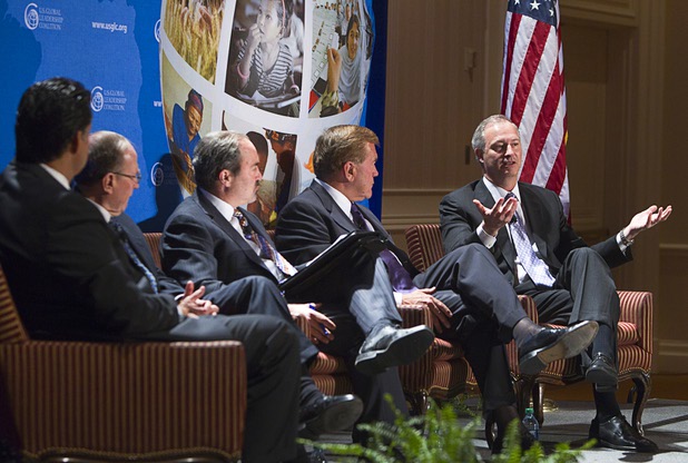 Steven Hill, right, executive director of the Governor's Office of Economic Development, speaks on a panel during "Securing America's Future," a conference sponsored by the Latin Chamber of Commerce and the U.S. Global Leadership Coalition, at the Four Seasons Wednesday, May 15, 2013. Other panel members from left are: Ramon Torres, a Latin Chamber of Commerce board member, Richard Bryan, former U.S. Senator (D-NV), political journalist Jon Ralston and Tom Ridge, former Secretary of Homeland Security.