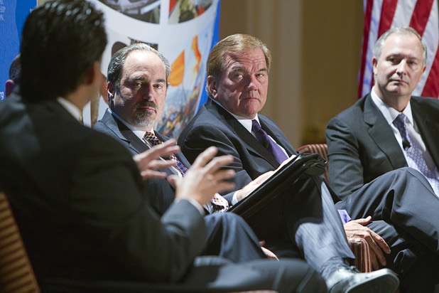 Ramon Torres, left, a Latin Chamber of Commerce board member, reponds to a question during "Securing America's Future," a conference sponsored by the Latin Chamber of Commerce and the U.S. Global Leadership Coalition, at the Four Seasons Wednesday, May 15, 2013. Other panel members from left are: political journalist Jon Ralston, Tom Ridge, former Secretary of Homeland Security and Steven Hill, right, executive director of the Governor's Office of Economic Development.