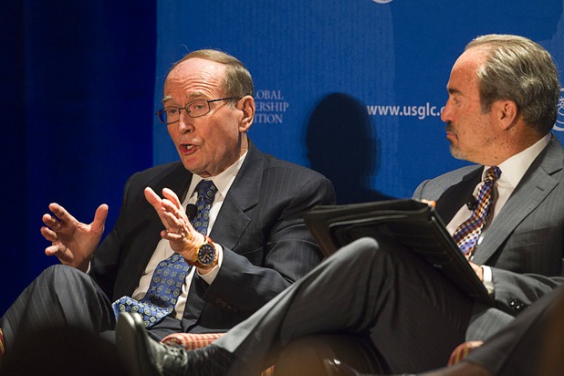 Richard Bryan, left, former U.S. Senator (D-NV), speaks during "Securing America's Future," a conference sponsored by the Latin Chamber of Commerce and the U.S. Global Leadership Coalition, at the Four Seasons Wednesday, May 15, 2013. Political journalist Jon Ralston, right, moderated the panel.