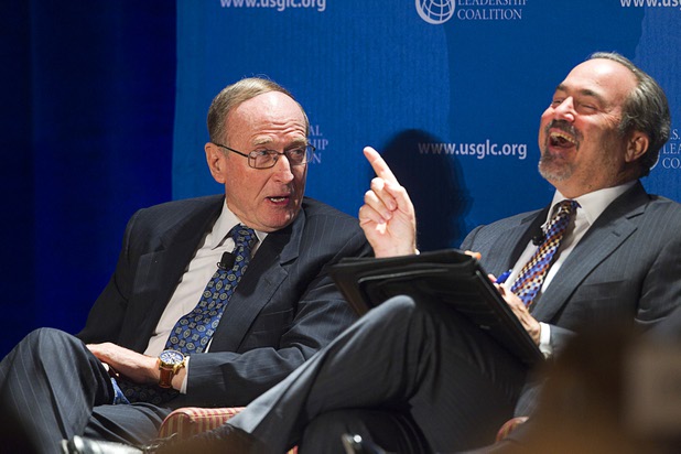 Political journalist Jon Ralston, right, reacts to a comment by Richard Bryan, former U.S. Senator (D-NV), during "Securing America's Future," a conference sponsored by the Latin Chamber of Commerce and the U.S. Global Leadership Coalition, at the Four Seasons Wednesday, May 15, 2013.
