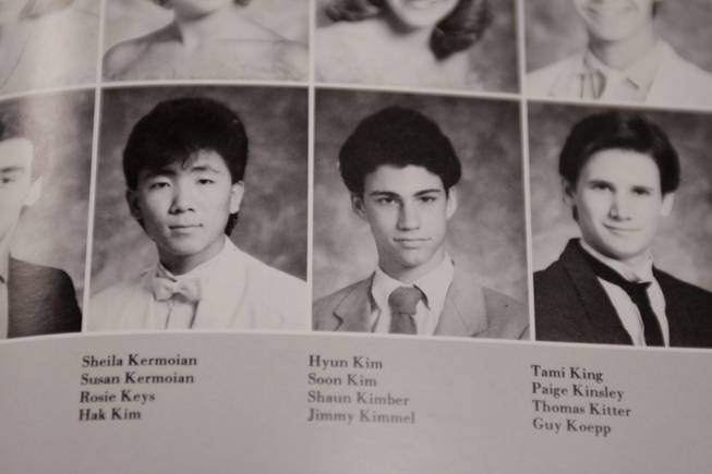 A high school yearbook photo of Jimmy Kimmel of the "Jimmy Kimmel Live" show is seen on display during the ribbon cutting ceremony at Clark High School to officially open the new Jimmy Kimmel Technology Center Saturday, May 18, 2013.