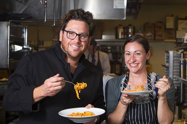 Chef Scott Conant and Las Vegas Weekly's Sarah Feldberg make spaghetti in the Scarpetta restaurant kitchen at the Cosmopolitan Wednesday, May 22, 2013.
