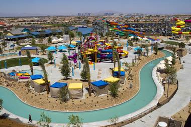 The Colorado Cooler, a 1,000-ft winding waterway, is shown at the Wet ‘n’ Wild Las Vegas water park, 7055 S. Fort Apache Road, Wednesday, May 22, 2013. Splash Island is shown at center. The new 41-acre park opens to Gold Pass holders on Saturday. Single day tickets are available from June&nbsp;3.