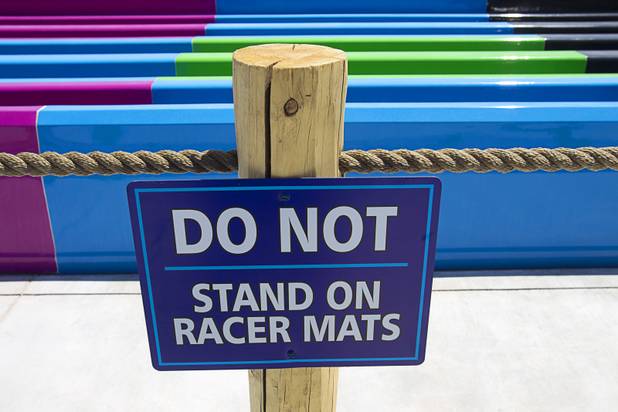 A warning sign at the Desert Racers water slide at the Wet 'n' Wild Las Vegas water park, 7055 S. Fort Apache Road, Wednesday, May 22, 2013. The new 41-acre park opens to Gold Pass holders on Saturday. Single day tickets are available from June 3.