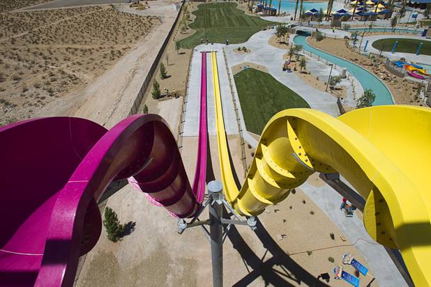 The Canyon Cliffs water slides are shown at the Wet 'n' Wild Las Vegas water park, 7055 S. Fort Apache Road, Wednesday, May 22, 2013. The top of the slide is four stories high. The new 41-acre park opens to Gold Pass holders on Saturday. Single day tickets are available from June 3.