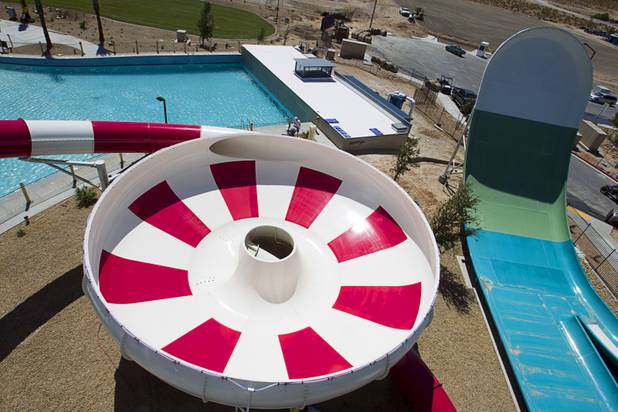 The Royal Flush Extreme, left, and the Hoover Half Pipe water slides are shown at the Wet 'n' Wild Las Vegas water park, 7055 S. Fort Apache Road, Wednesday, May 22, 2013. The new 41-acre park opens to Gold Pass holders on Saturday. Single day tickets are available from June 3.