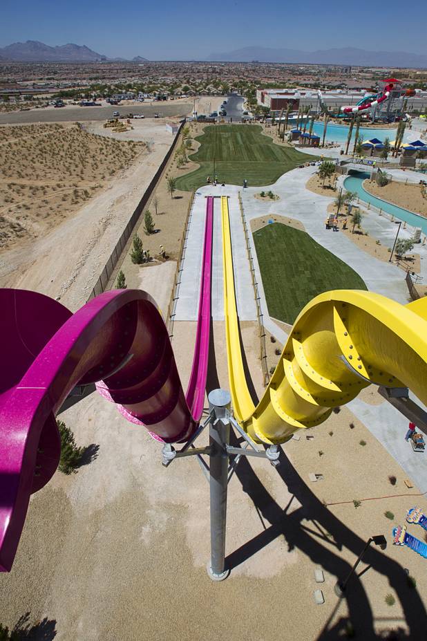 The Canyon Cliffs water slides are shown at the Wet 'n' Wild Las Vegas water park, 7055 S. Fort Apache Road, Wednesday, May 22, 2013. The top of the slide is four stories high. The new 41-acre park opens to Gold Pass holders on Saturday. Single day tickets are available from June 3.