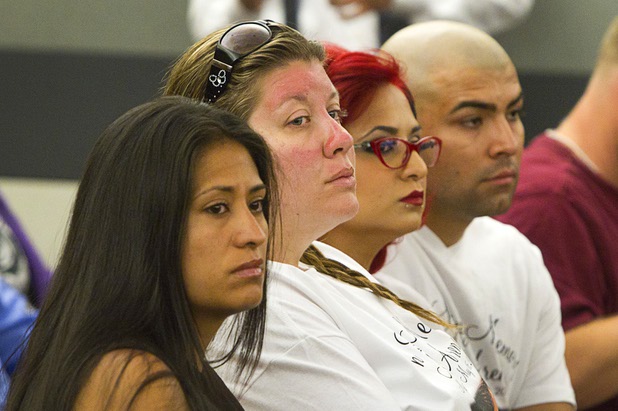 Friends and family of Marcos Arenas  attend a hearing for   Jacob Dismont, 18, and Michael Solid, 21, in Las Vegas Justice Court at the Regional Justice Center Thursday, May 23, 2013. Dismont and Solid are accused of killing Arenas while stealing his iPad.