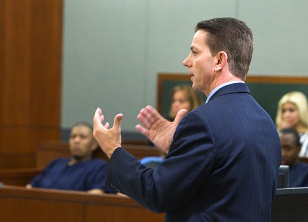 Chief Deputy District Attorney Robert Daskas speaks during a hearing for Jacob Dismont, 18, and Michael Solid, 21, in Las Vegas Justice Court at the Regional Justice Center Thursday, May 23, 2013. Dismont and Solid are accused of killing 15-year-old Marcos Arenas while stealing his iPad.