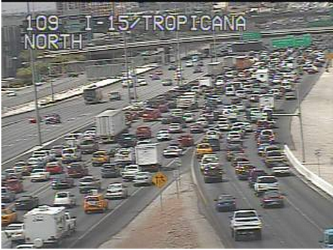 Traffic is backed up on Interstate 15 at Tropicana Avenue after a crash near the Sahara Avenue exit Tuesday, May 28, 2013.