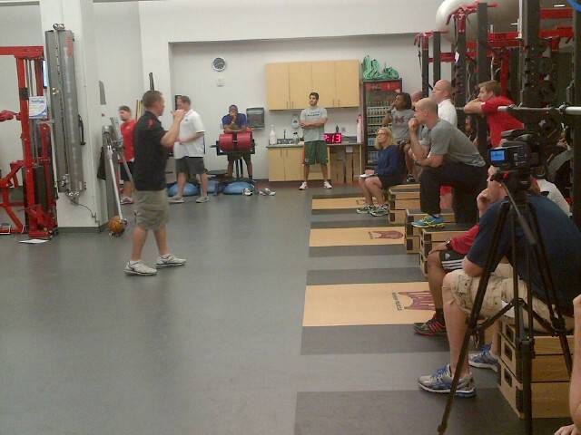 UNLV men's basketball strength coach Jason Kabo discusses the Rebels' weight room techniques with several strength coaches from across the country on May, 18, 2013, at the Mendenhall Center.