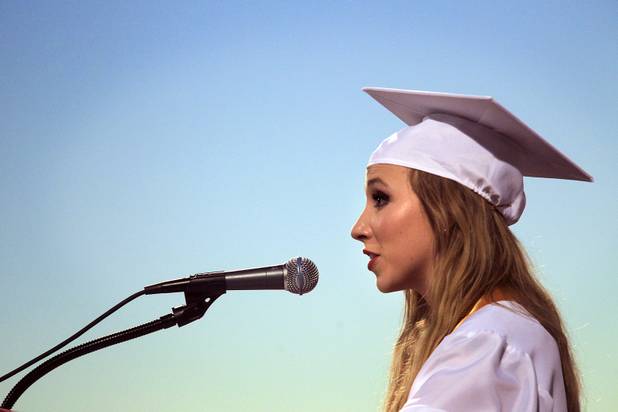 Las Vegas High School valedictorian Natasha Greene attends her commencement ceremony on the school's football field in Las Vegas on Friday, June 7, 2013. Greene has had perfect attendance and perfect grades since kindergarten.