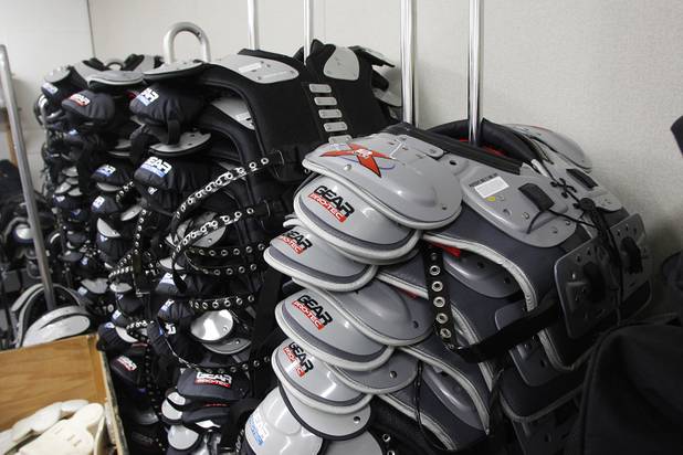 New shoulder pads sit on racks at Chaparral courtesy of an anonymous donor Tuesday, June 11, 2013.