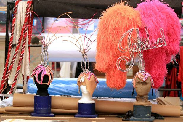 Headpieces in carious stages of repair inside the Jubilee! costume shop at Bally's in Las Vegas on Tuesday, June 11, 2013.