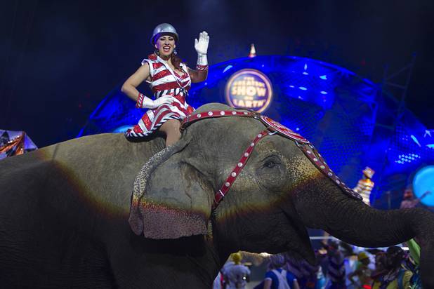 A woman waves from an elephant during the opening night of the Ringling Bros. and Barnum & Bailey Circus at the Thomas & Mack Center Thursday, June 13, 2013. The "Built to Amaze!" tour runs through Sunday, June 16.