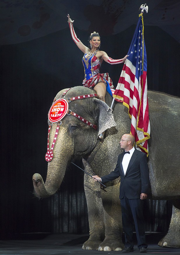 An elephant arrives with a woman and the American flag for the singing of the national anthem during the opening night of the Ringling Bros. and Barnum & Bailey Circus at the Thomas & Mack Center Thursday, June 13, 2013. The "Built to Amaze!" tour runs through Sunday, June 16.
