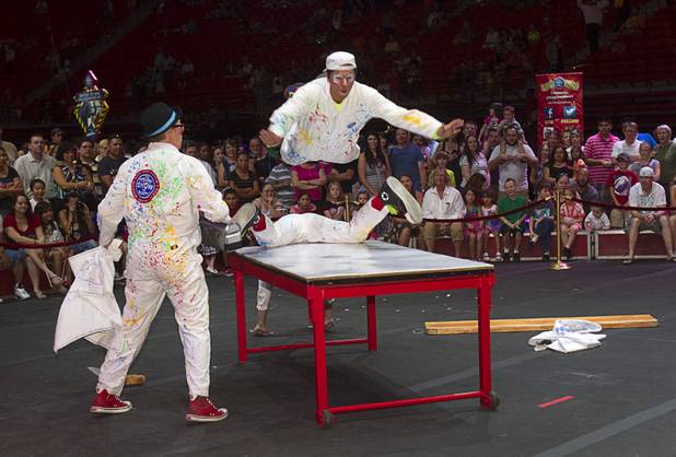 Clowns perform a skit during a pre-show on the opening night of the Ringling Bros. and Barnum & Bailey Circus at the Thomas & Mack Center Thursday, June 13, 2013. The "Built to Amaze!" tour runs through Sunday, June 16.