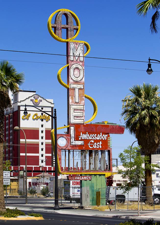 A view of the Ambassador East Motel sign on East Fremont Street Wednesday, June 20, 2013. The motel was demolished in 2007 but the sign will be part of the neon museum collection. 
