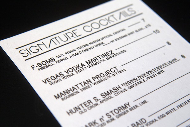 A menu lists signature cocktails at The Atomic on East Fremont Street during its reopening Wednesday, June 20, 2013. The bar was originally built in 1945 as Virginia's Cafe but was renamed Atomic Liquors in 1952 when patrons used to go to the roof to watch the nuclear blasts from the Atomic Test Site.