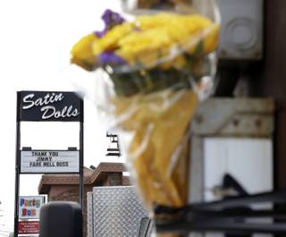 Flowers are displayed as memorial to actor James Gandolfini outside Satin Dolls, the club known as the Bada Bing Club on the HBO series 