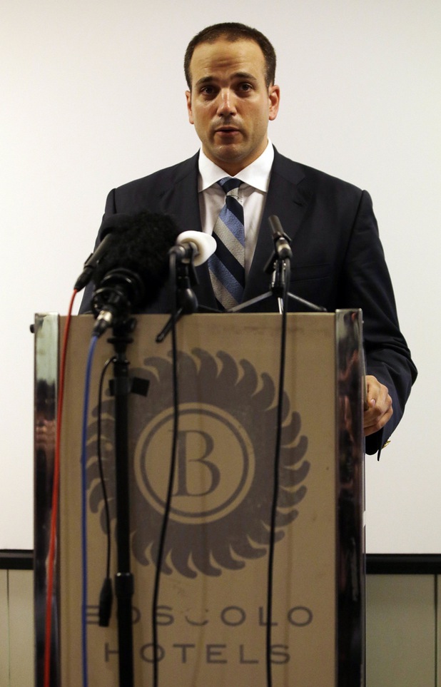 Michael Kobold, founder of Kobold wristwatches and knives company, and friend of actor James Gandolfini, makes a statement to the media at the Exedra hotel in Rome where Gandolfini was staying while vacationing in Rome, Thursday, June 20, 2013. Gandolfini, 51, suffered a fatal cardiac arrest and was pronounced dead at 11 p.m. (2100 GMT; 5 p.m. EDT) Wednesday in Rome after being rushed by ambulance to the Policlinic Umberto I hospital. (AP Photo/Gregorio Borgia)
