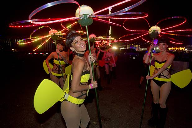 "Flutterbys" wait to perform during the third day of the Electric Daisy Carnival at the Las Vegas Motor Speedway early Monday morning, June 24, 2013.