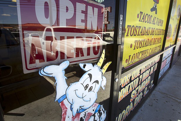 A goat mascot (Chivas is goat in Spanish) adorns the front door at the El Birotazo Mexican restaurant, 4262 E. Charleston Blvd., Wednesday, June 26, 2013. The restaurant owners are huge fans of the Chivas soccer team. Chivas (Guadalajara) and Club America (Mexico City), two of the most popular soccer teams in Mexico, play each other at Sam Boyd Stadium on Wednesday, July 3.