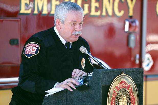 Public Information Officer Tim Szymanski speaks during the Las Vegas Fire Department's annual July 4th fireworks safety demonstration Wednesday, June 26, 2013
