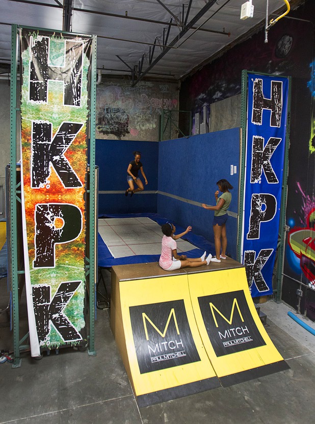 Members of the Victory Baptist Church STARS Youth Ministry take turns on a trampoline at the Hardkore Parkour (HKPK) gym, 3680 N. 5th St., Thursday, June 27, 2013.
