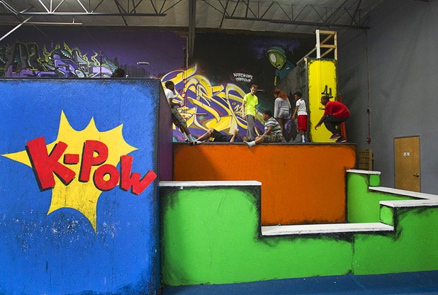 Members of the Victory Baptist Church STARS Youth Ministry are shown by the foam pit at the Hardkore Parkour (HKPK) gym, 3680 N. 5th St., Thursday, June 27, 2013.