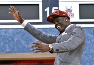 UNLV's Anthony Bennett celebrates after being selected first overall by the Cleveland Cavaliers in the first round of the NBA basketball draft, Thursday, June 27, 2013, in New York. 