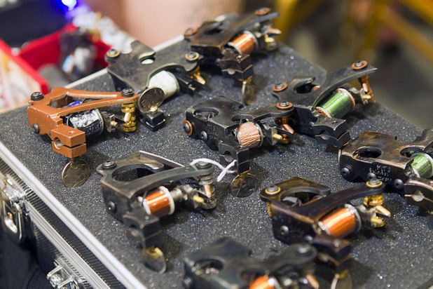 Tattoo machines are displayed during the inaugural Art N Ink Festival at the South Point Sunday, June 30, 2013.