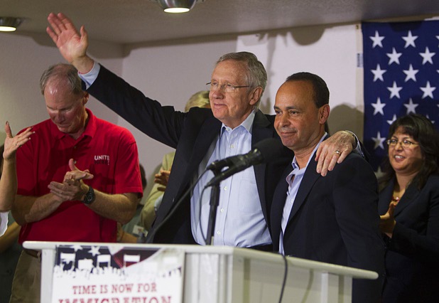 Senate Majority Leader Harry Reid, left, D-Nev., and Rep. Luis Gutierrez, D-Ill., appear together during a rally for immigration reform at the Culinary Workers Union, Local 226, headquarters July 1, 2013.