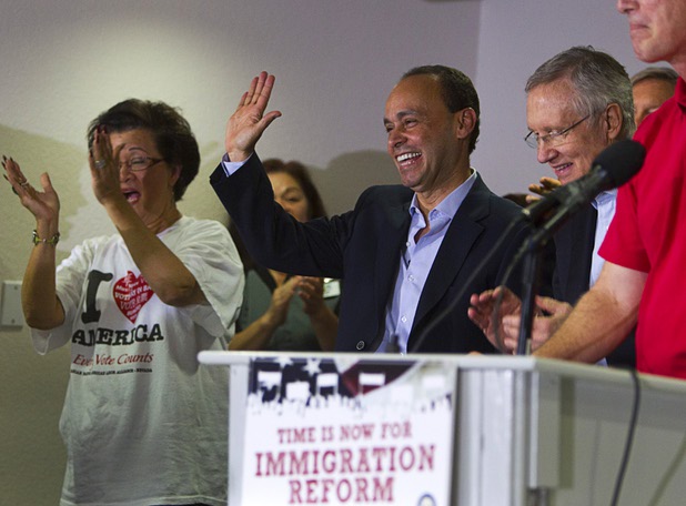 Congressman Luis Gutierrez, center, (D-IL) is introduced during a rally for immigration reform at the Culinary Workers Union, Local 226, headquarters Monday, July 1, 2013.