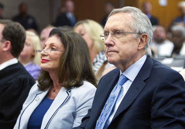 Congresswoman Shelley Berkley (D-NV) and Senate Majority Leader Harry Reid (D-NV) wait for an oath of office ceremony at North Las Vegas City Hall Monday, July 1, 2013. Berkley swore in Councilwoman Anita Wood for a second term. Reid swore in Councilman Isaac Barron, the first Hispanic to serve on the council.