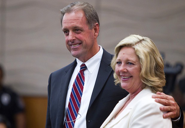 North Las Vegas Mayor John Lee and his wife Marilyn wait for an oath of office ceremony at North Las Vegas City Hall Monday, July 1, 2013.
