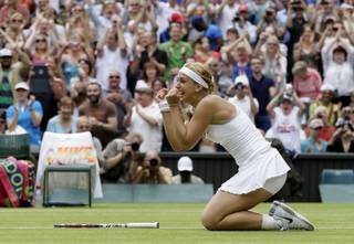Sabine Lisicki of Germany after beating Serena Williams of the United States in a Women's singles match at the All England Lawn Tennis Championships in Wimbledon, London, Monday, July 1, 2013. 