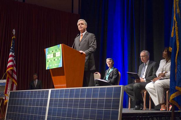 Chuck Bowling, Mandalay Bay Resort president and COO, speaks during a news conference at the Mandalay Bay Convention Center Tuesday, July 2, 2013. With Bowling from left are: U.S. Secretary of the Interior Sally Jewell, Senate Majority Leader Harry Reid (D-NV) and Rose McKinney-James, chairwoman of the Clean Energy Project. MGM Resorts International and NRG Energy announced a partnership to install one of the largest contiguous roof-top solar photovoltaic arrays in the world on the roof of the convention center.