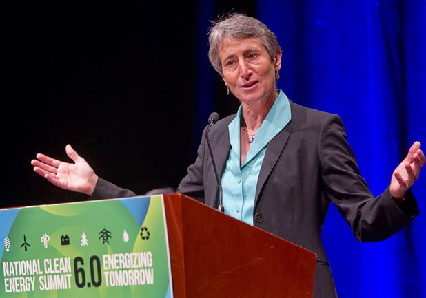 U.S. Secretary of the Interior Sally Jewell speaks during a news conference at the Mandalay Bay Convention Center Tuesday, July 2, 2013. MGM Resorts International and NRG Energy announced a partnership to install one of the largest contiguous roof-top solar photovoltaic arrays in the world on the roof of the convention center.