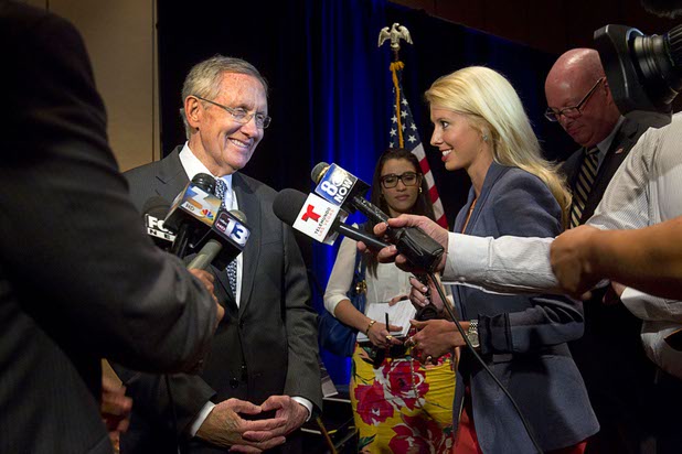 Senate Majority Leader Harry Reid (D-NV) reacts to a question during a news conference at the Mandalay Bay Convention Center Tuesday, July 2, 2013. MGM Resorts International and NRG Energy announced a partnership to install one of the largest contiguous roof-top solar photovoltaic arrays in the world on the roof of the convention center.