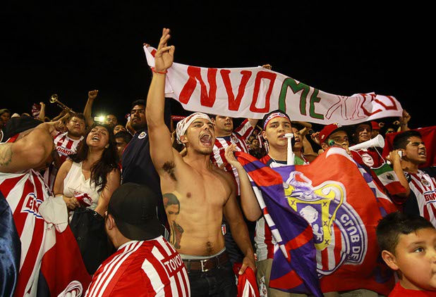 Chivas Guadalajara cheer on their team during El Super Clasico soccer game at Sam Boyd Stadium Wednesday July 3, 2013.