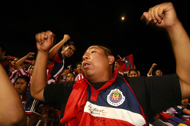 Chivas Guadalajara cheer on their team during El Super Clasico soccer game at Sam Boyd Stadium Wednesday July 3, 2013.