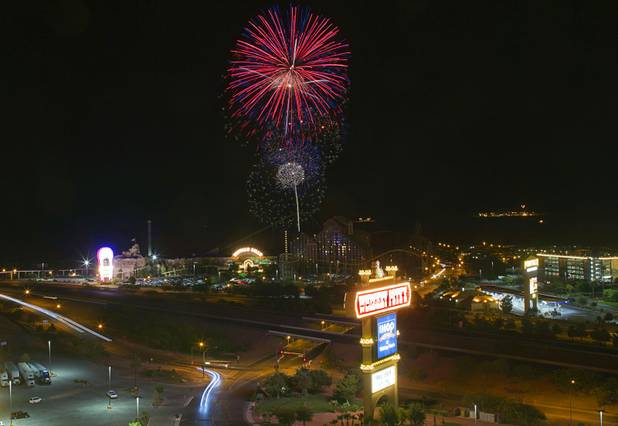 Fireworks explode over casinos during an 18-minute fireworks show in Primm Thursday, July 4, 2013.