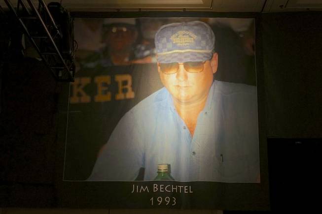 A banner hangs inside the Amazon Room at the Rio honoring 1993 World Series of Poker Main Event champion Jim Bechtel.
