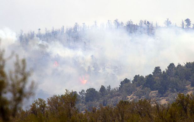 Fire is shown south of Kyle Canyon Road on Mount Charleston Tuesday, July 9, 2013.