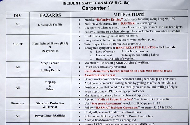 An incident safety poster is displayed during a media briefing on the Mount Charleston wildfire at Centennial High School Sunday, July 14, 2013.