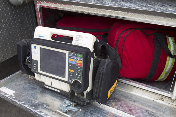 An automated external defibrillator is shown on a brush truck at Centennial High School Sunday, July 14, 2013.