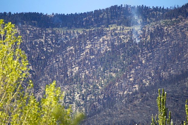 Smoke still rises from hot spots in steep terrain above homes in Trout Canyon Monday, July 15, 2013. Residents were allowed to return to their homes Sunday.