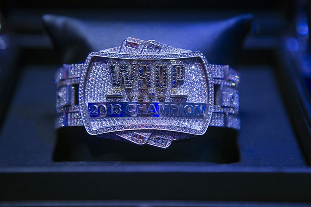 The championship bracelet is displayed during the seventh day of the World Series of Poker $10,000 buy-in no-limit Texas Hold 'Em at the Rio Monday, July 15, 2013.